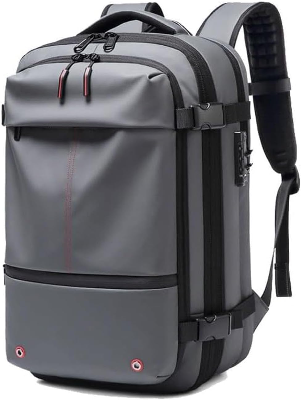 Expandable travel backpack, anti-theft lock, and wet pocket. Unisex daypack for secure, organized travel.