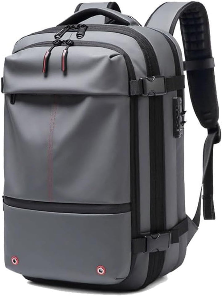 Expandable travel backpack, anti-theft lock, and wet pocket. Unisex daypack for secure, organized travel.