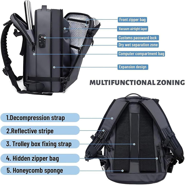 Anti-theft travel backpack, unisex & expandable. Features compression straps & wet compartment for weekend trips.
