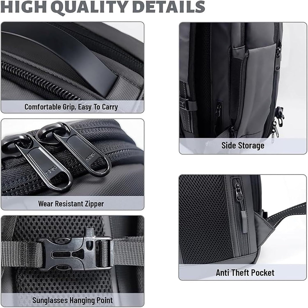 Durable unisex expandable travel backpack with anti-theft lock, compression, and a wet compartment.