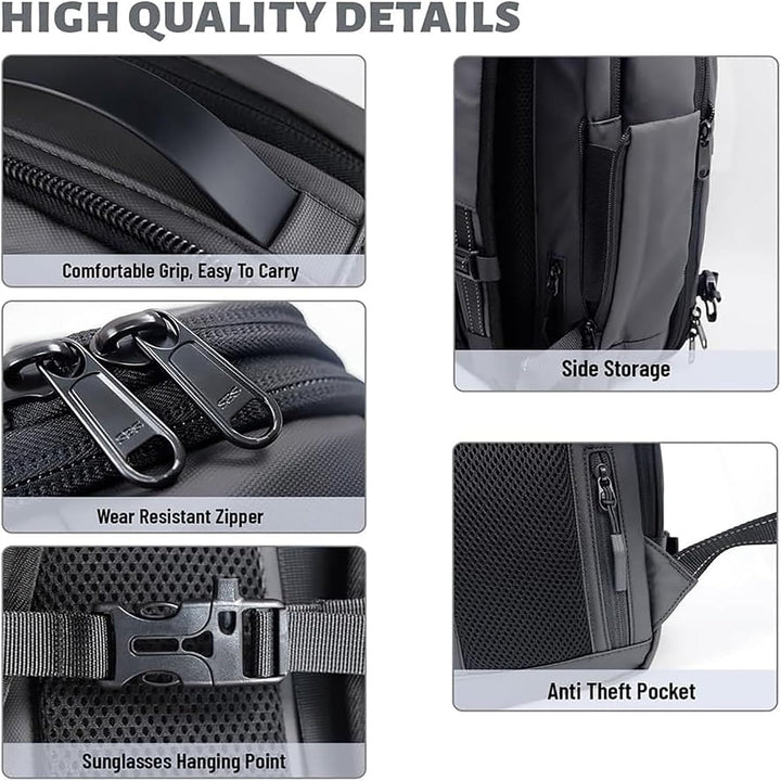 Durable unisex expandable travel backpack with anti-theft lock, compression, and a wet compartment.
