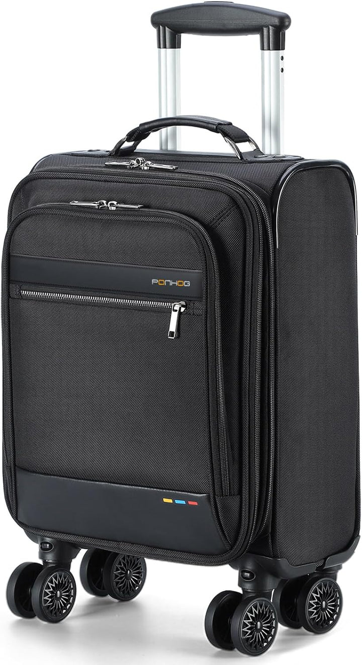 Unisex expandable underseat carry-on with spinner wheels and laptop compartment for easy travel.