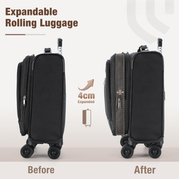 Compact flight-approved underseat carry-on bag with spinner wheels, perfect for laptops & weekend trips.