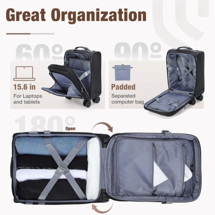 Smart compact underseat carry-on with spinner wheels, expandable storage, and protective laptop section.