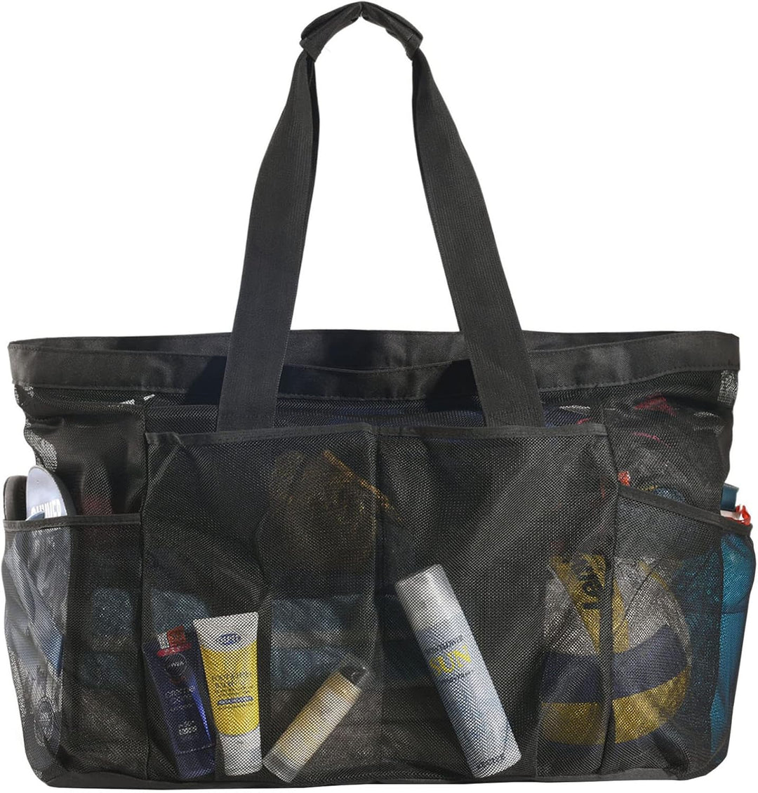 Unisex extra-large mesh beach tote with zipper, perfect sandproof carryall for family beach trips & pool days.