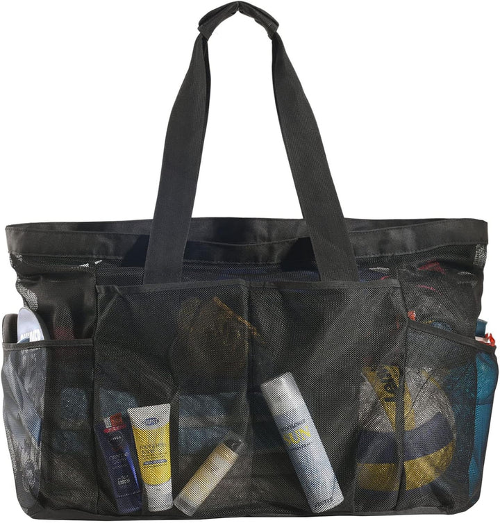 Unisex extra-large mesh beach tote with zipper, perfect sandproof carryall for family beach trips & pool days.