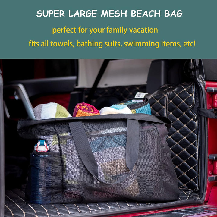 Oversized mesh travel beach bag, sandproof carryall for all your vacation essentials, great for families.