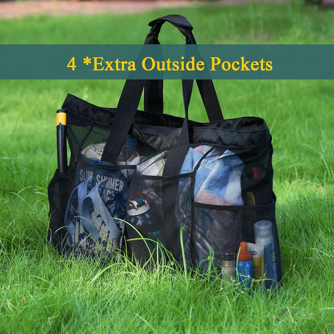 Breathable mesh extra-large beach carryall, sandproof & durable. Essential for organizing beach & pool gear.