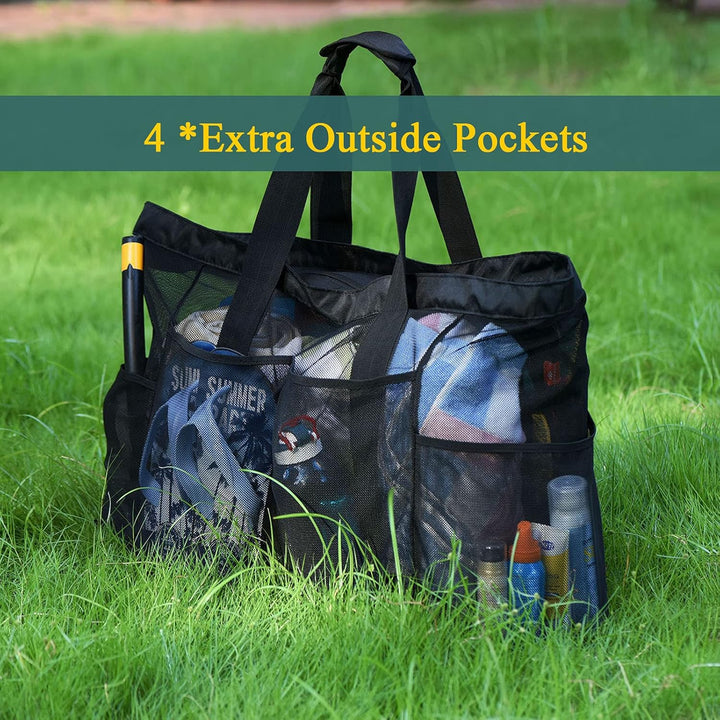 Breathable mesh extra-large beach carryall, sandproof & durable. Essential for organizing beach & pool gear.