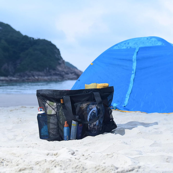 Unisex extra-large sandproof mesh beach tote. Easy-to-carry vacation essential for pool, beach, and travel.
