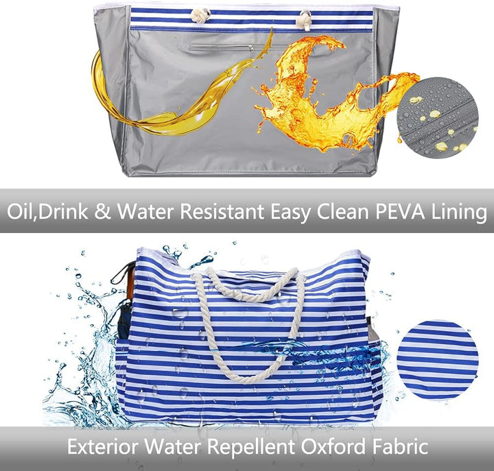 Durable extra large waterproof beach tote with bonus travel case. Spacious for all your travel and beach needs.