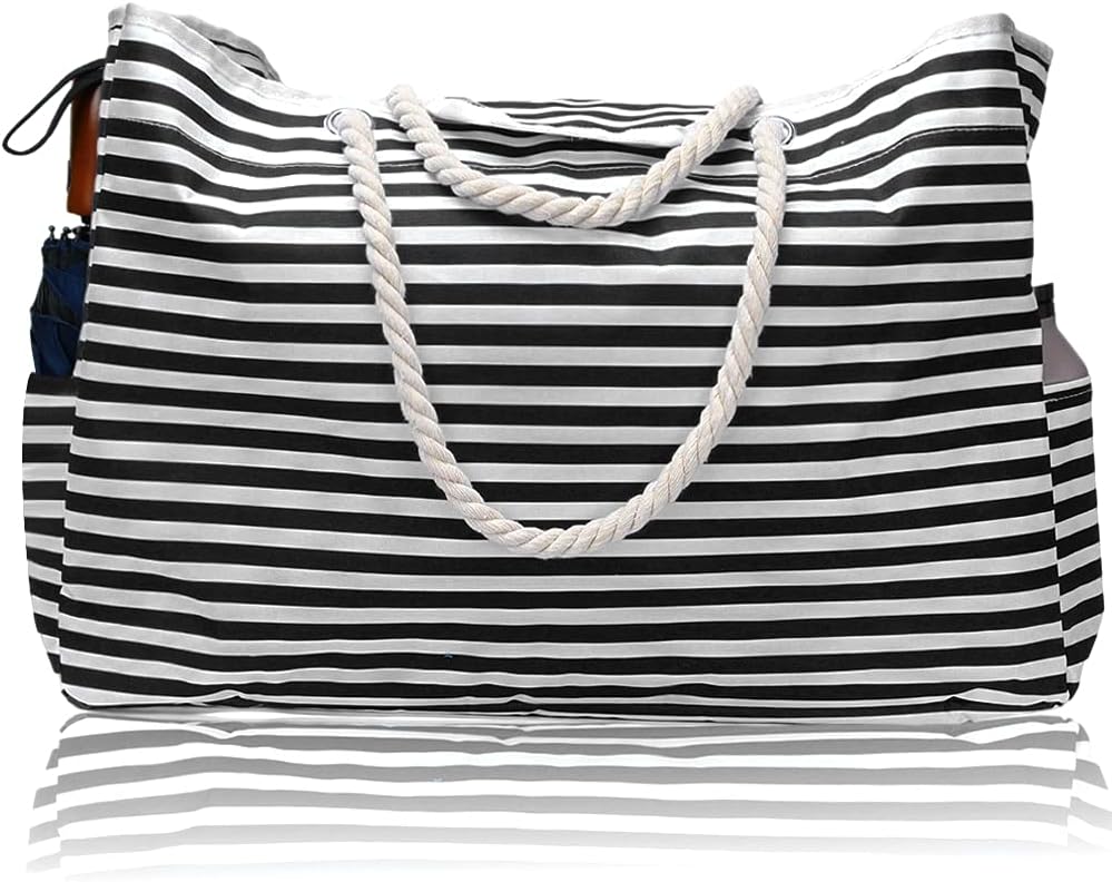 Stylish striped unisex waterproof large carryall beach bag & matching travel case. Perfect for beach accessories.