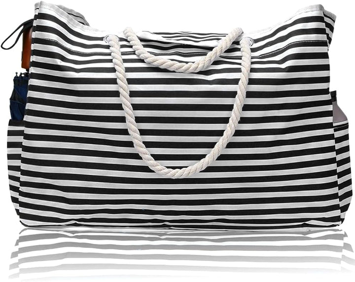 Stylish striped unisex waterproof large carryall beach bag & matching travel case. Perfect for beach accessories.