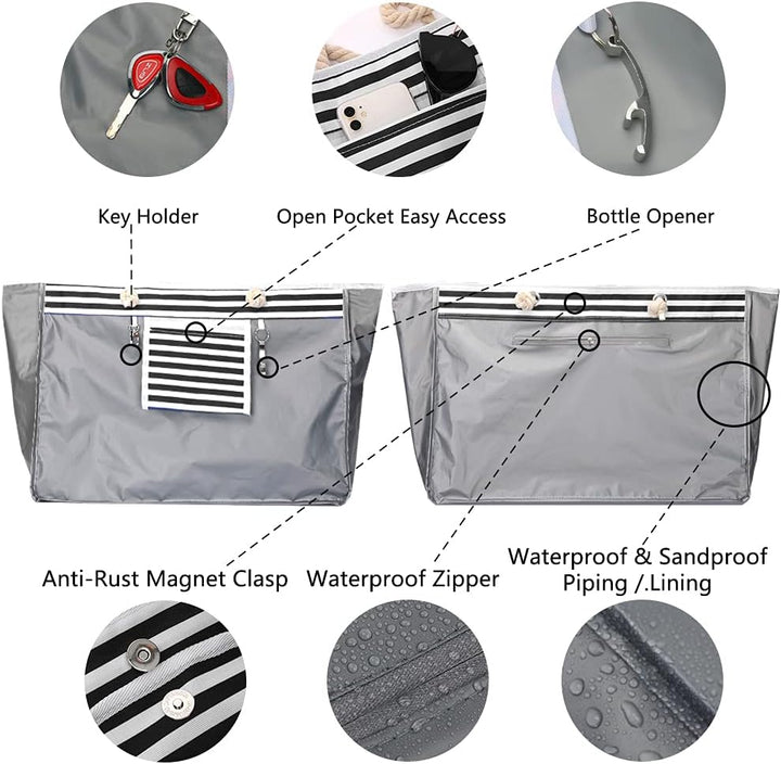 Spacious waterproof beach tote bag, extra large for all beach essentials. Comes with a convenient travel case.