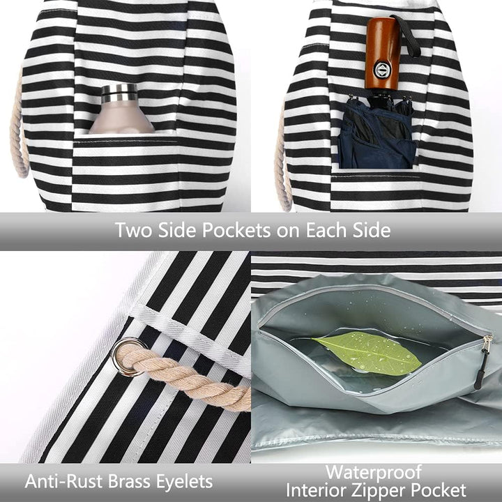 Striped unisex extra large waterproof beach tote bag and bonus travel bag. Perfect for all your beach accessories.
