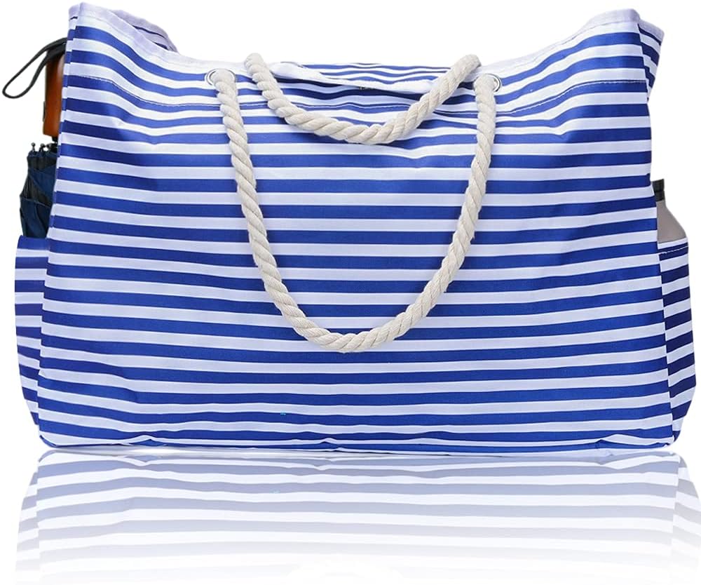 Family-sized waterproof beach tote bag with travel case. Extra large for towels, toys, and all essentials.