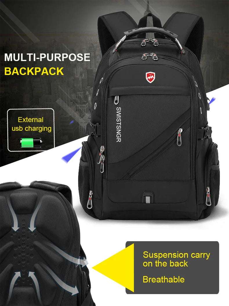 Large capacity waterproof laptop travel backpack, unisex design with anti-theft features & USB port.