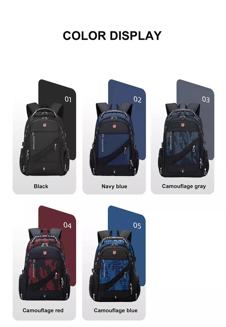 Person carrying an extra-large waterproof laptop backpack with USB charging, suitable for travel.