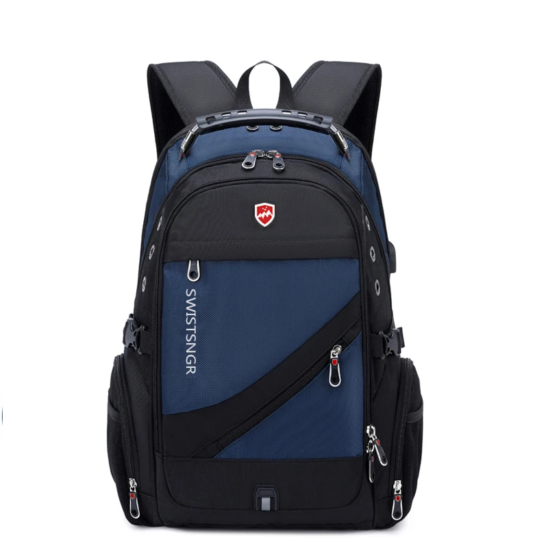 Close-up of the USB charging port on a waterproof extra-large laptop travel backpack.