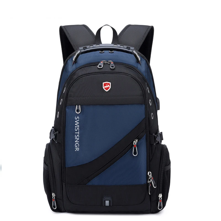 Close-up of the USB charging port on a waterproof extra-large laptop travel backpack.