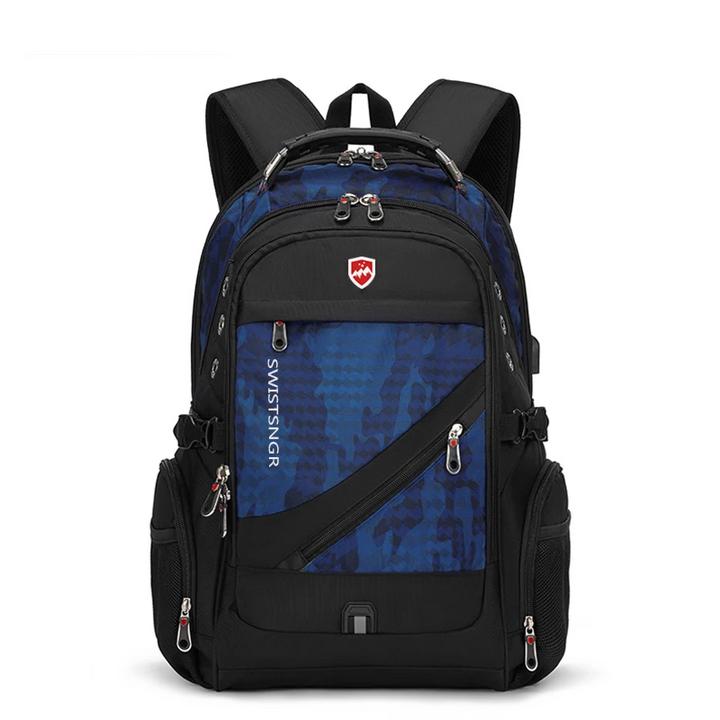 Full view of the extra-large waterproof travel backpack, highlighting its spacious design and laptop readiness.