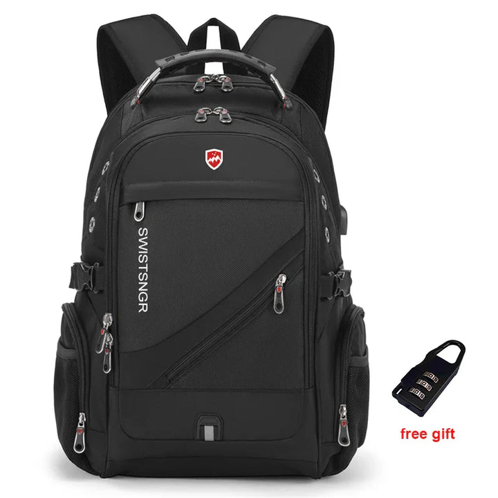 Durable waterproof travel backpack, extra-large capacity for laptops, with built-in USB charging.