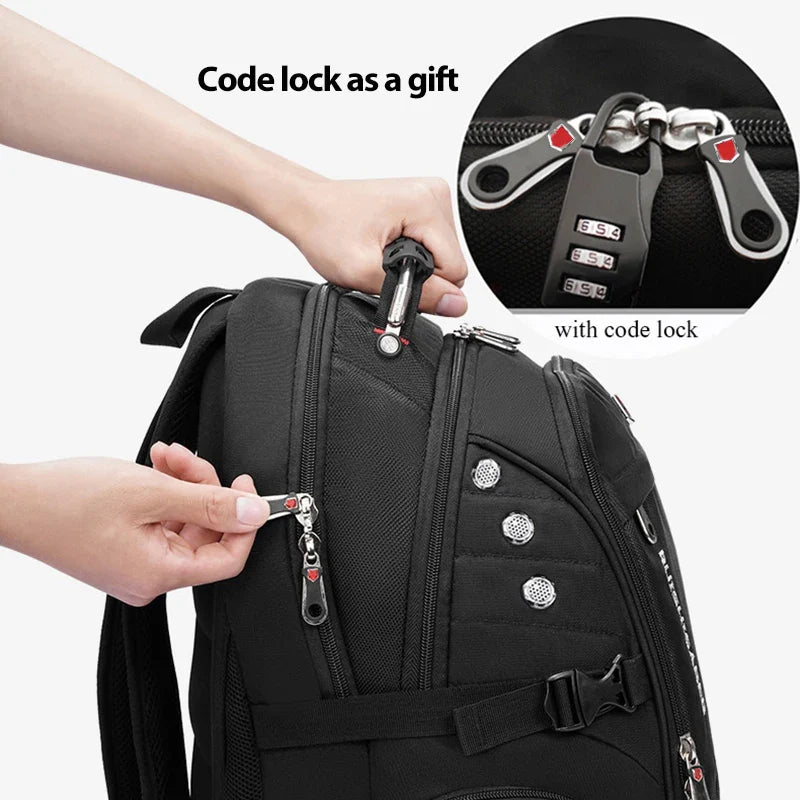 Spacious waterproof travel bag with USB charging. Extra-large compartment fits laptops up to 17 inches.