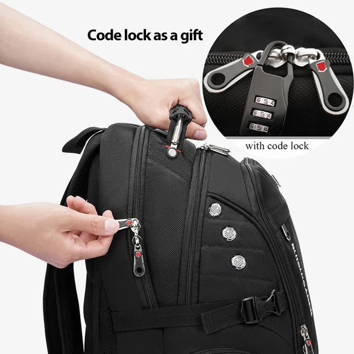 Spacious waterproof travel bag with USB charging. Extra-large compartment fits laptops up to 17 inches.