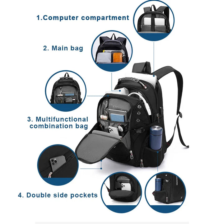 Sleek black unisex laptop backpack, extra-large, waterproof, featuring a convenient USB charging port.