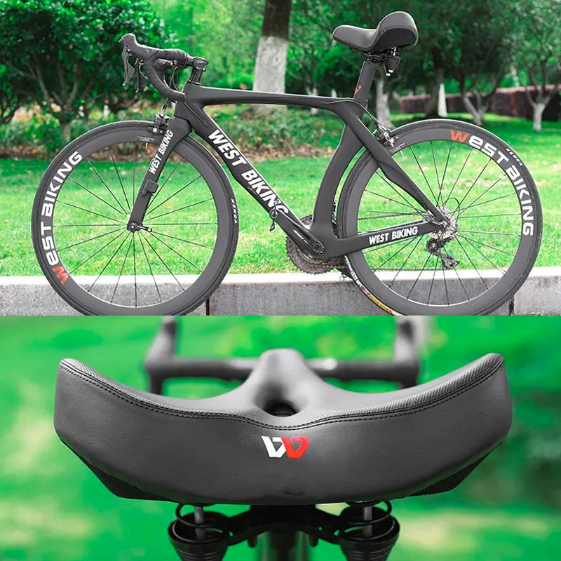 Unisex extra wide bicycle saddle with memory foam padding for ultimate cycling comfort on road & mountain bikes.