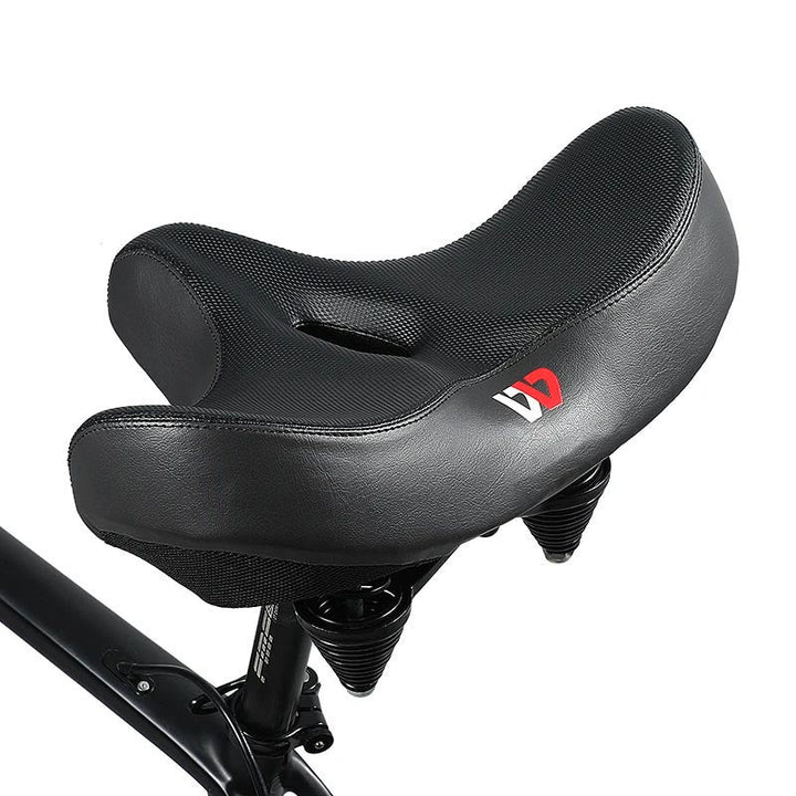Extra wide memory foam bicycle saddle, water resistant & shock absorbing, ensuring riding comfort.