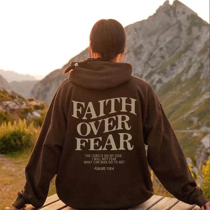 Unisex 'Faith Over Fear' hoodie. Christian apparel with Psalm 118:6 scripture for comfort and inspiration.