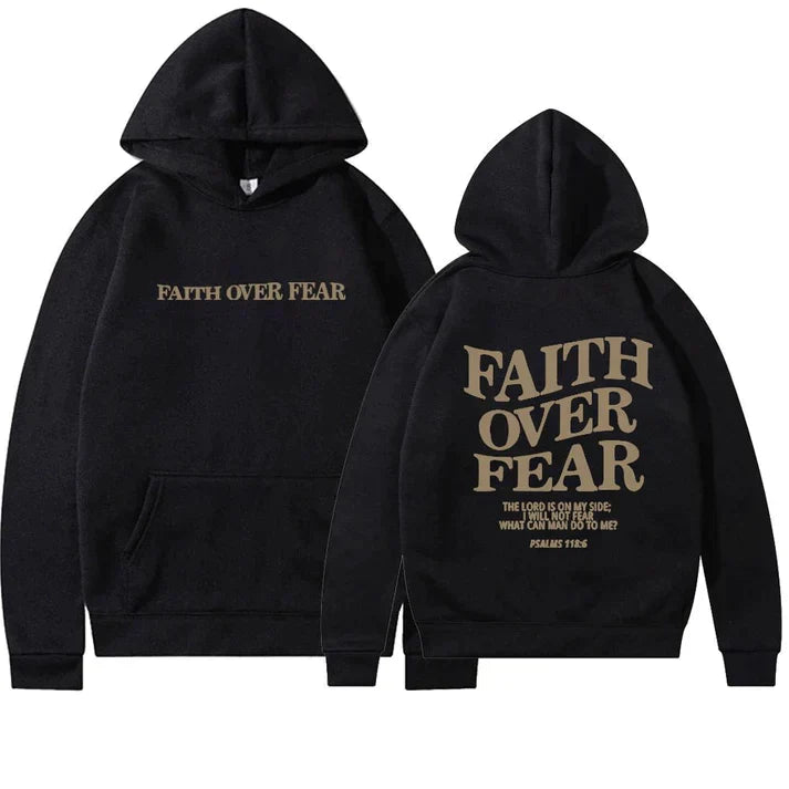 Close-up of 'Faith Over Fear' graphic on a soft Christian unisex hoodie, inspired by Psalm 118:6.