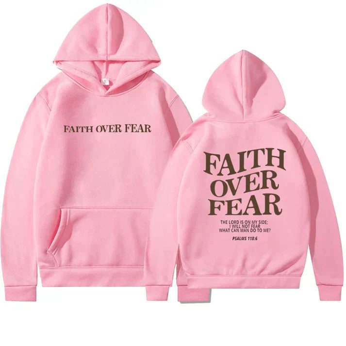 Premium unisex 'Faith Over Fear' hoodie. Religious apparel with Psalm 118:6 for a comfortable, faith-based look.