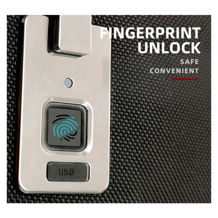 Durable unisex commuter backpack featuring a biometric fingerprint lock for enhanced security and USB charging.