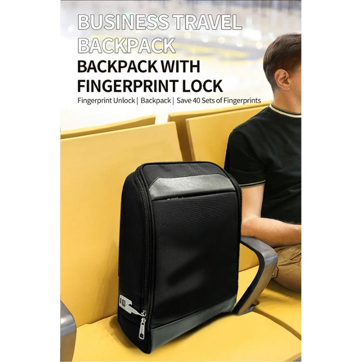 Secure business travel backpack with fingerprint lock, anti-theft features, and integrated USB charging port.