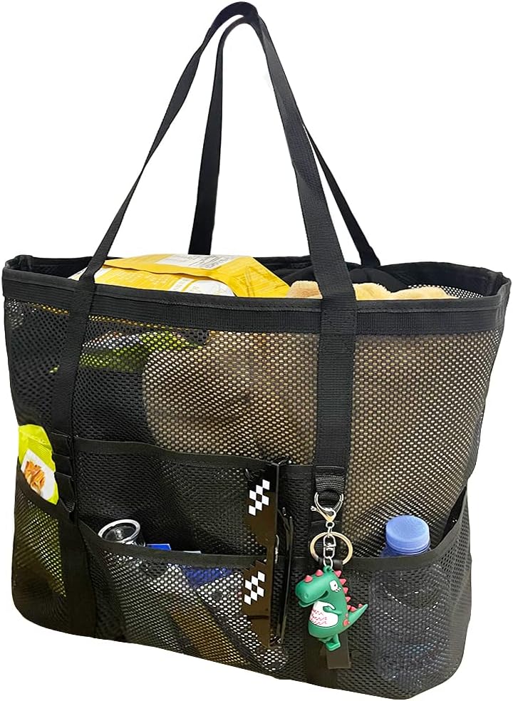 Unisex foldable mesh beach tote bag with 9 pockets, perfect for family pool days & organized travel.
