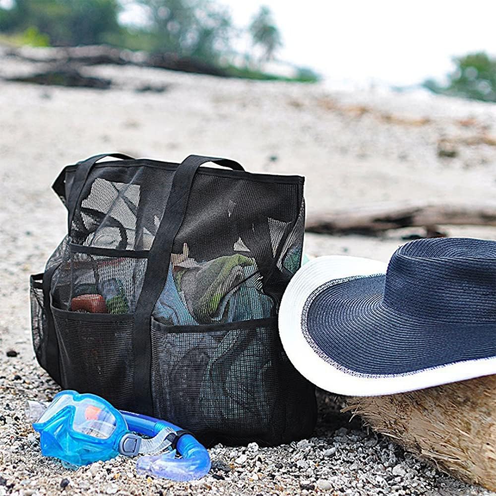 Spacious mesh beach tote bag with 9 pockets, ideal for carrying essentials to the beach or pool.