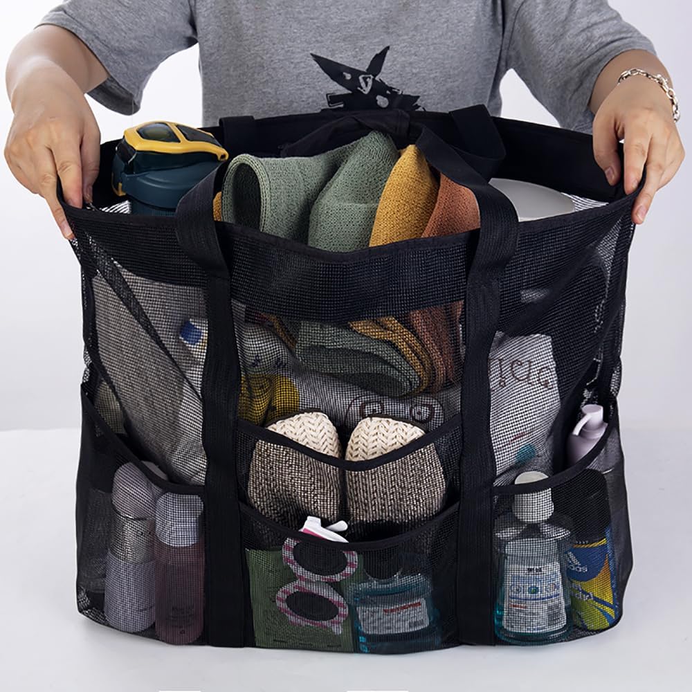Lightweight, foldable mesh beach bag with multiple pockets for easy organization during summer vacations.