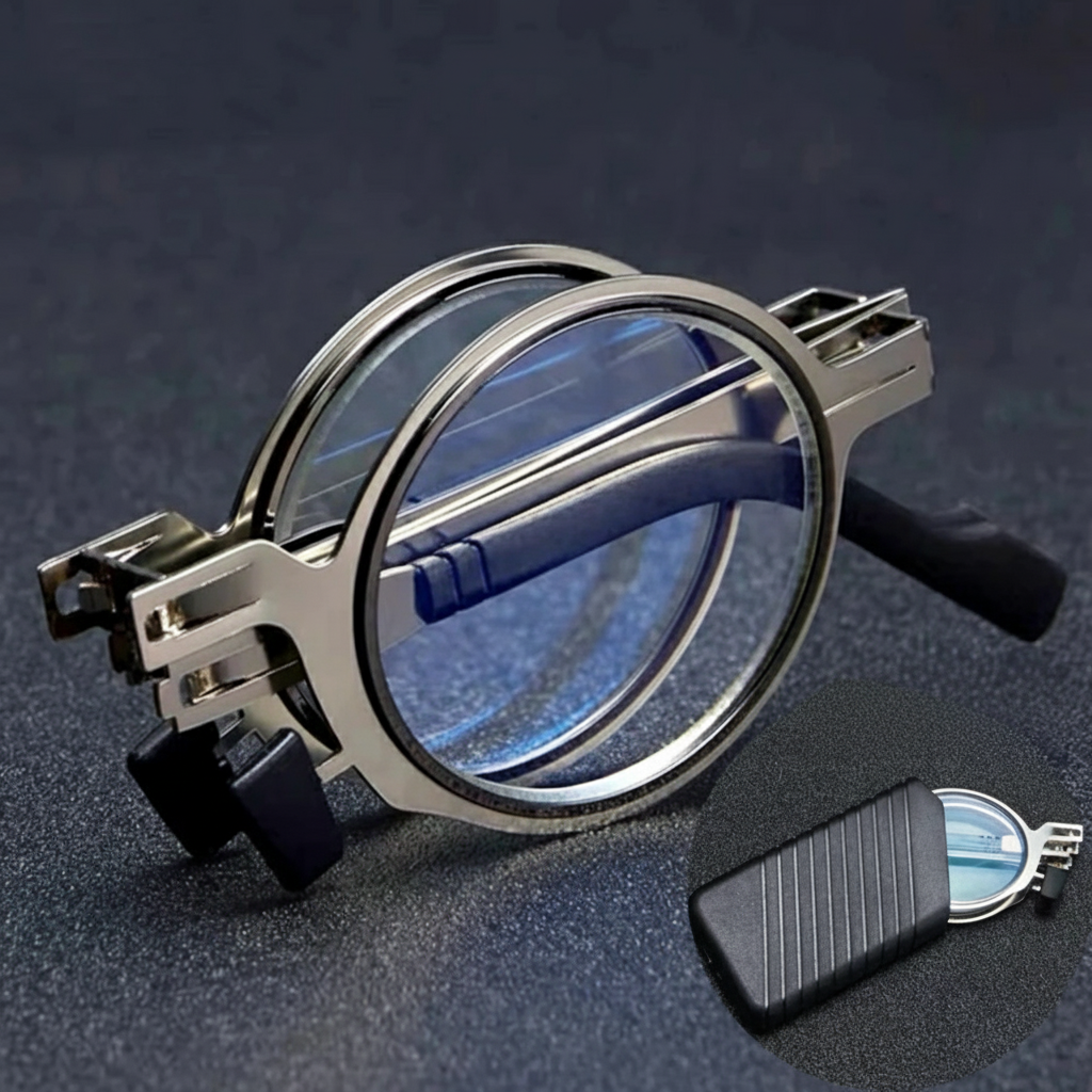 Compact folded reading glasses in their protective case, perfect for travel and on-the-go vision aid.