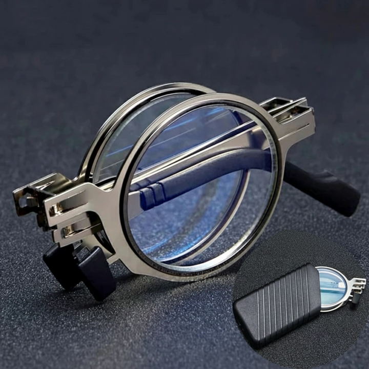 Compact folded reading glasses in their protective case, perfect for travel and on-the-go vision aid.