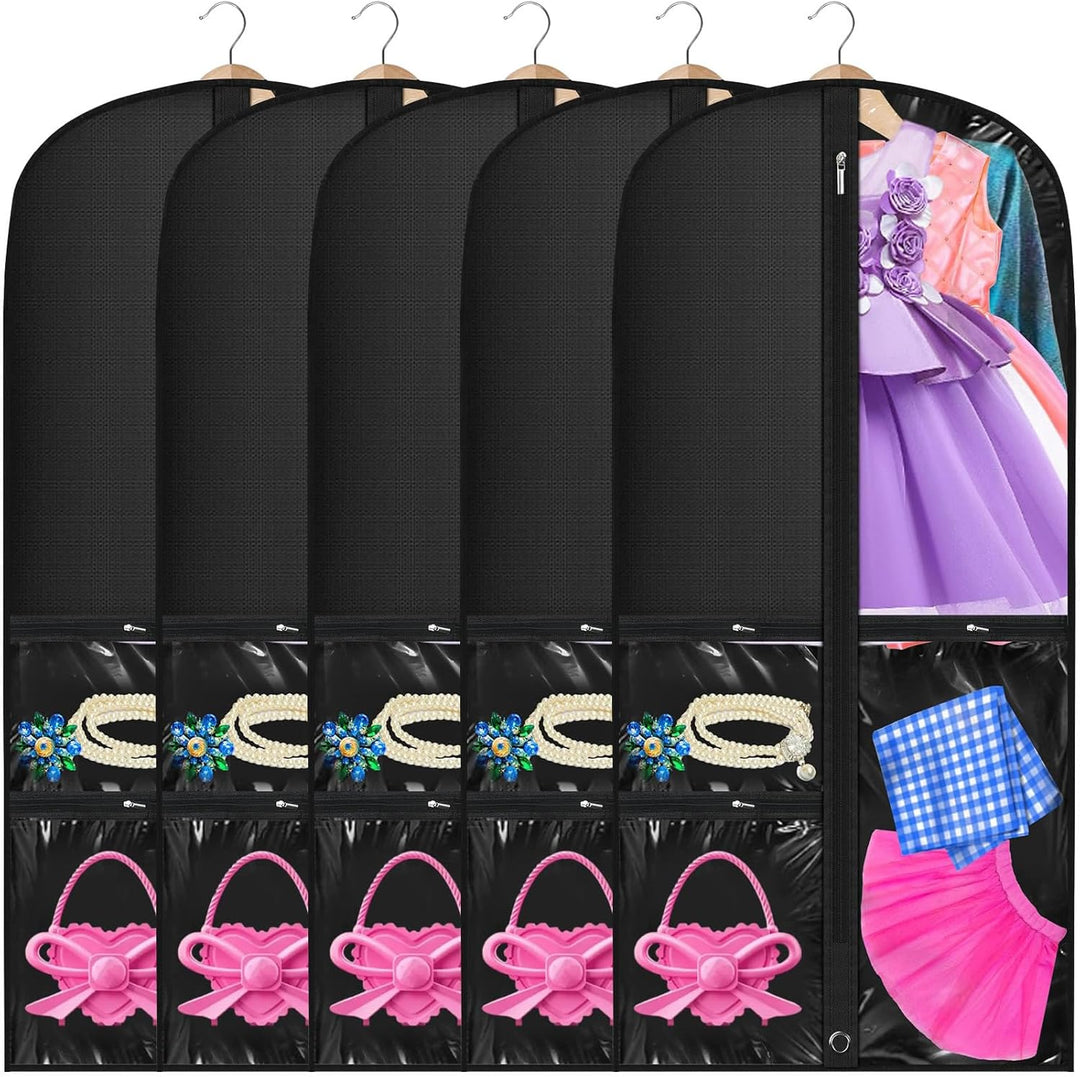 Unisex garment bags, 5-pack for costumes & travel, with clear pockets & folding loop.