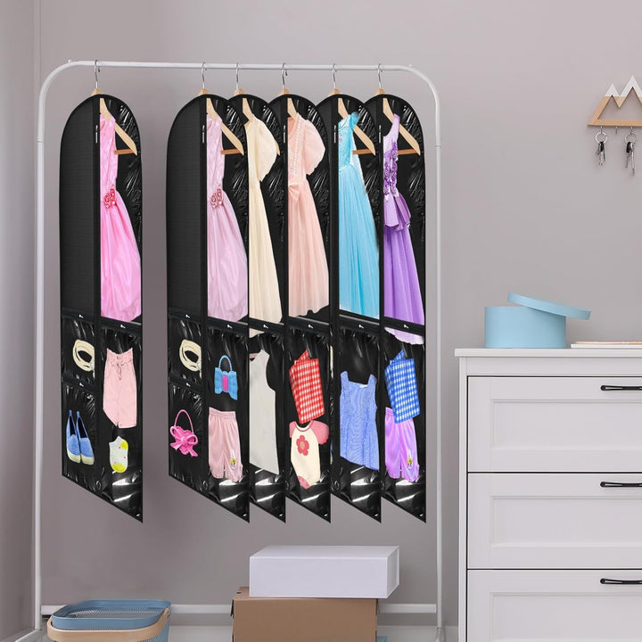 Dance costume garment bags, 5-pack, clear view pockets & fold loop for easy storage.