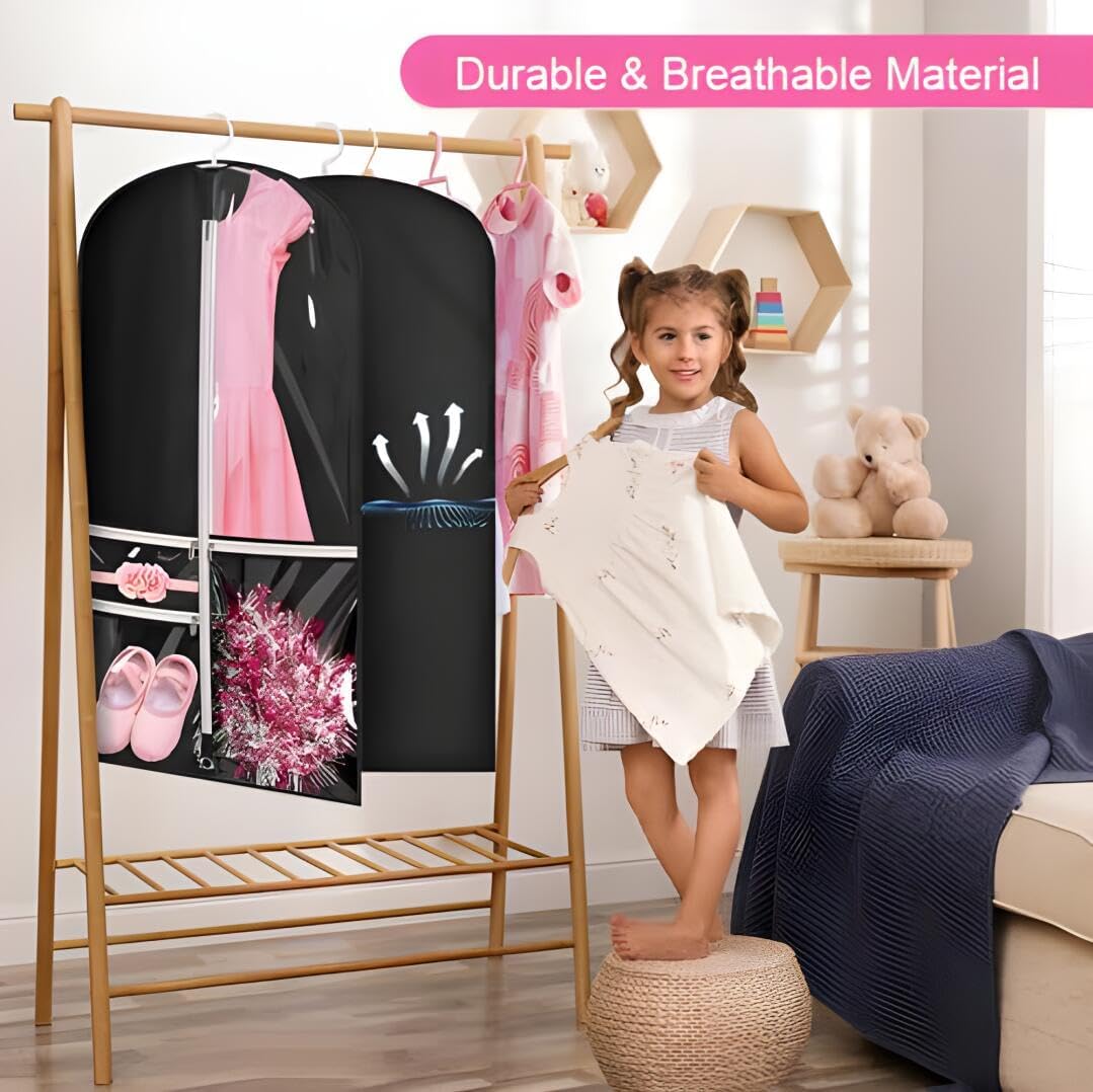 Set of 5 garment bags for costumes, dance & travel, includes clear pockets & convenient fold loop.