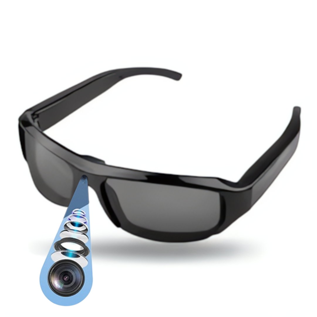 "Unisex glasses with built-in 4K camera, black frame, discreet design, wide-angle lens, ideal for hands-free video recording.