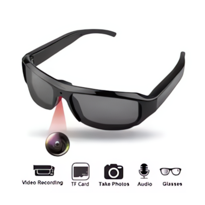 "Unisex glasses with built-in 4K camera, black frame, discreet design, wide-angle lens, ideal for hands-free video recording.