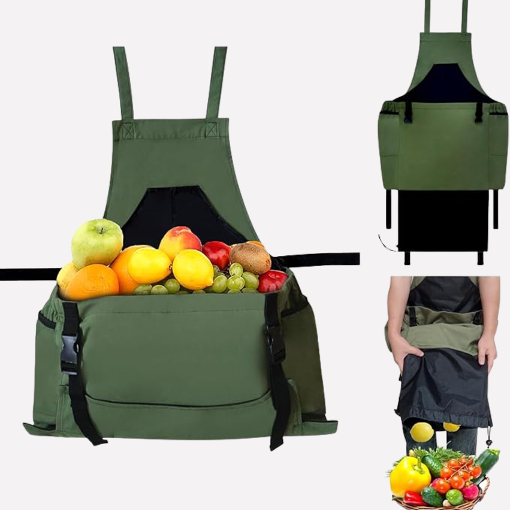 Unisex green canvas gardening work apron with multiple utility pockets for tools, ideal for outdoor tasks.
