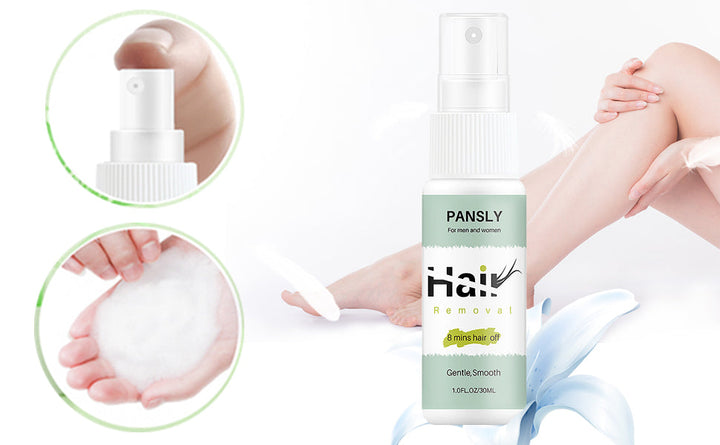 Unisex hair growth inhibitor spray for smooth skin, white bottle with green label, beauty product on a plain background.