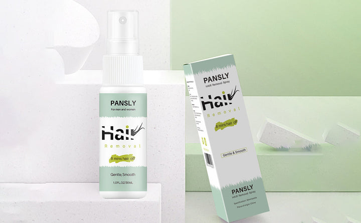 Unisex hair growth inhibitor spray for smooth skin, white bottle with green label, beauty product on a plain background.