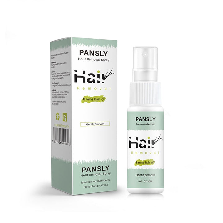 Unisex hair growth inhibitor spray for smooth skin, white bottle with green label, beauty product on a plain background.